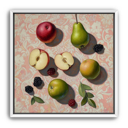 Apples, Pear, and Berries on Floral Fabric