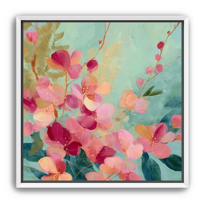 Pink blossoms drifting through teal
