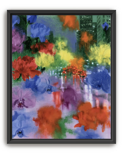 Neon traffic under painted blooms