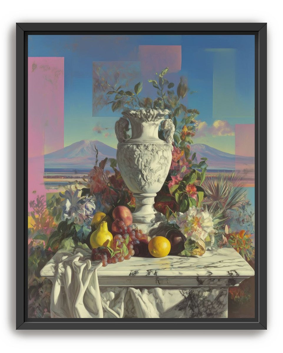 Urn and fruit before mountains