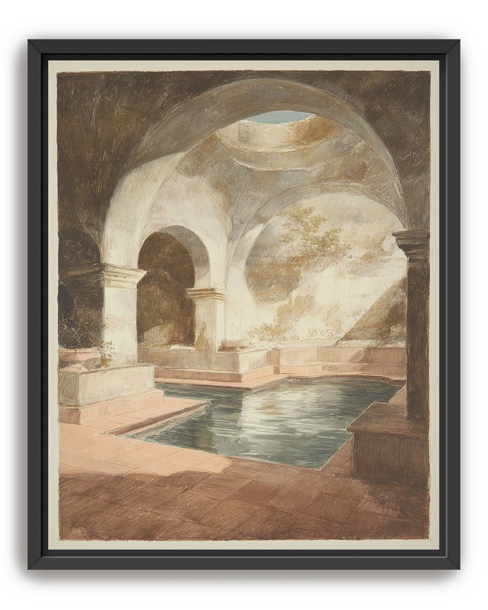 Courtyard pool beneath pale arches