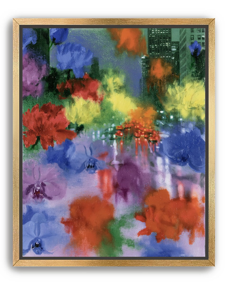 Neon traffic under painted blooms