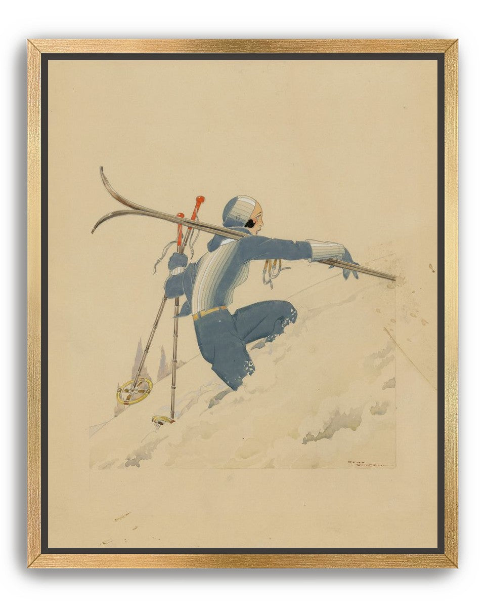 Blue skier in pale snow