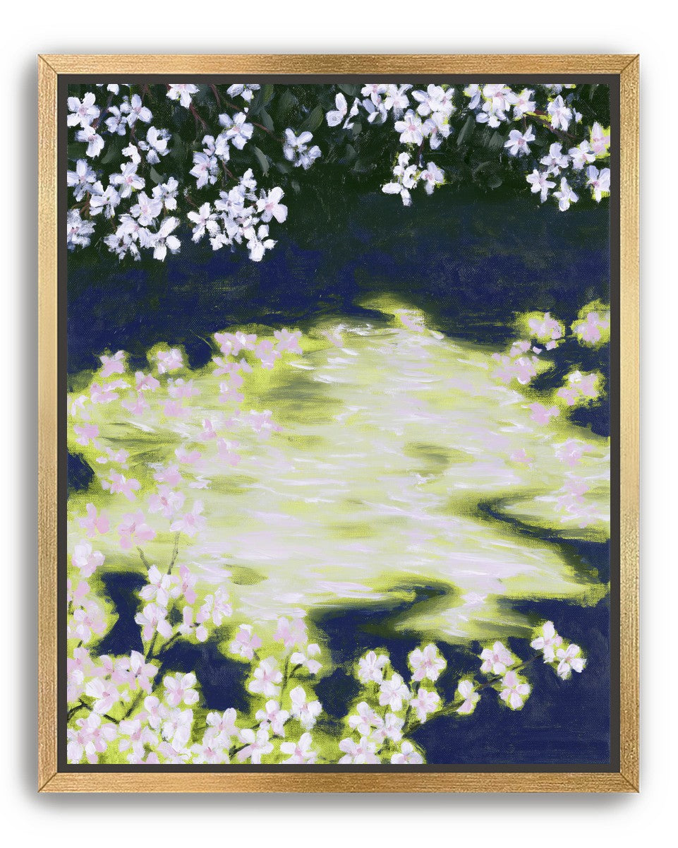 Petals crossing the bright water