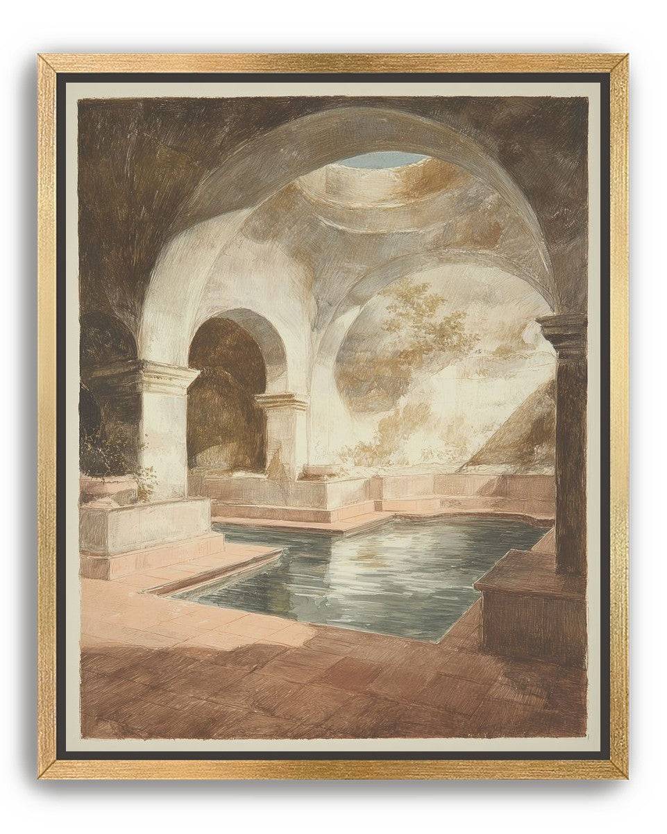 Courtyard pool beneath pale arches