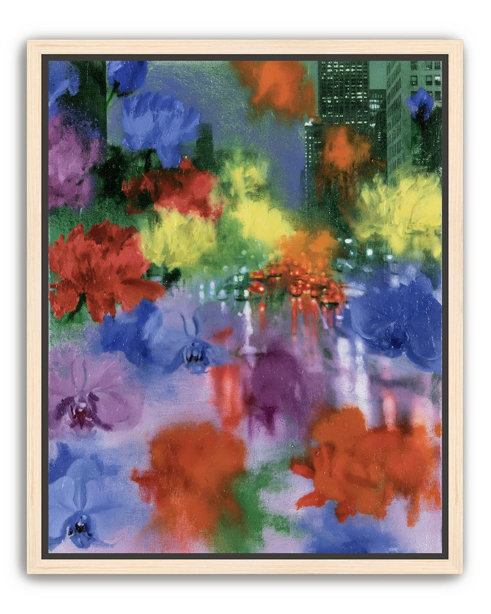 Neon traffic under painted blooms