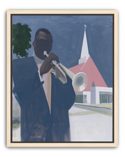 Blue sky over pink church
