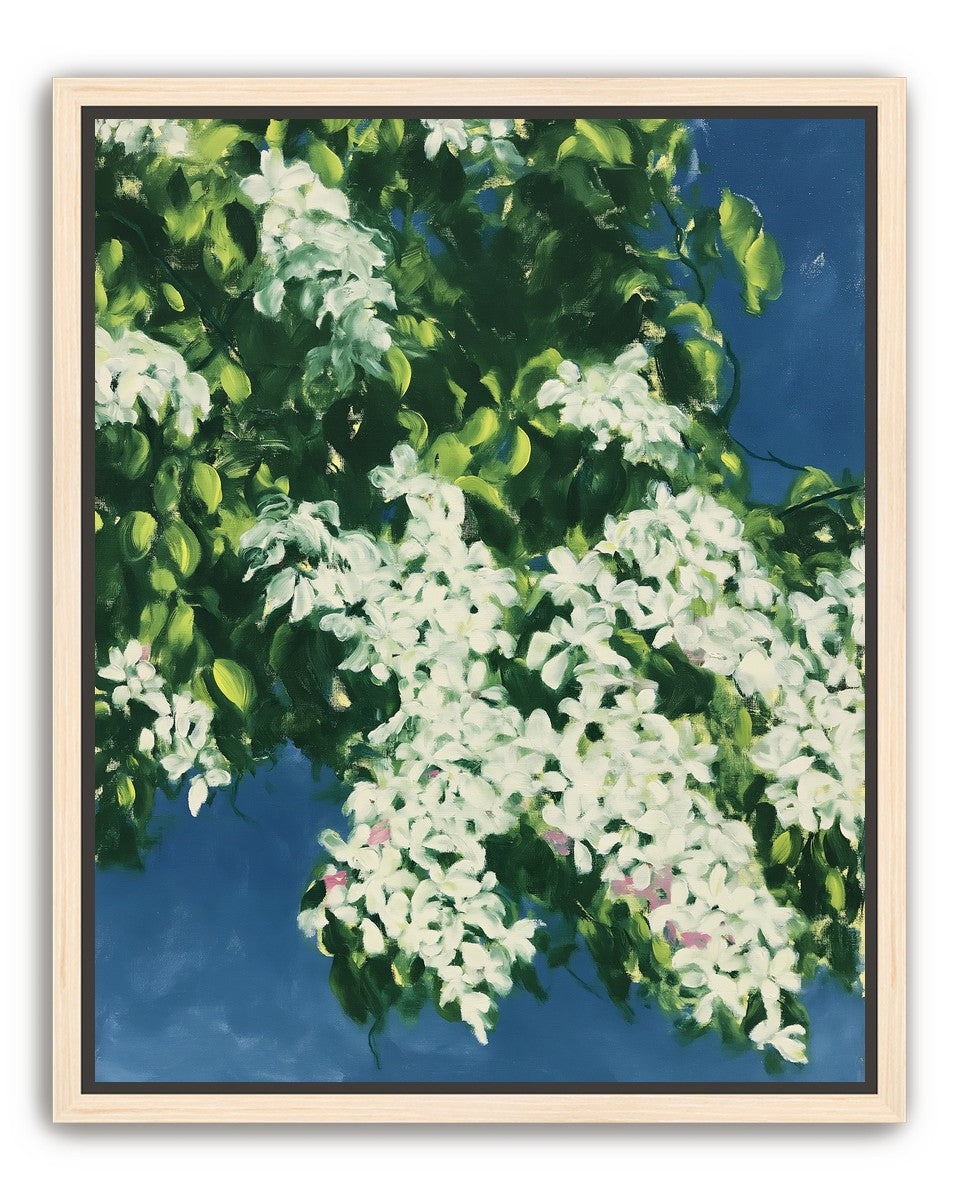 White blossoms on blue field