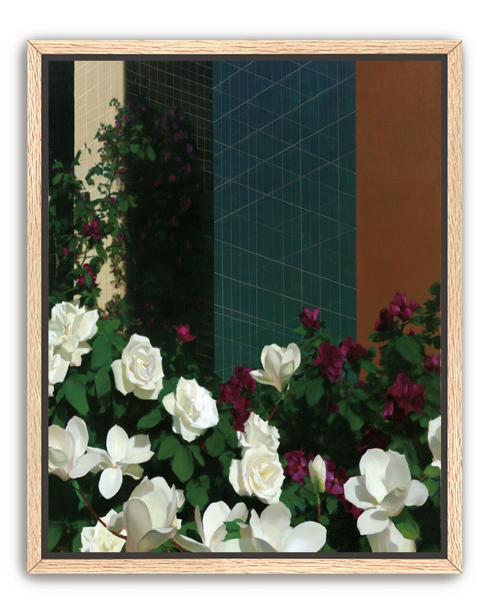 Roses against the blue grid