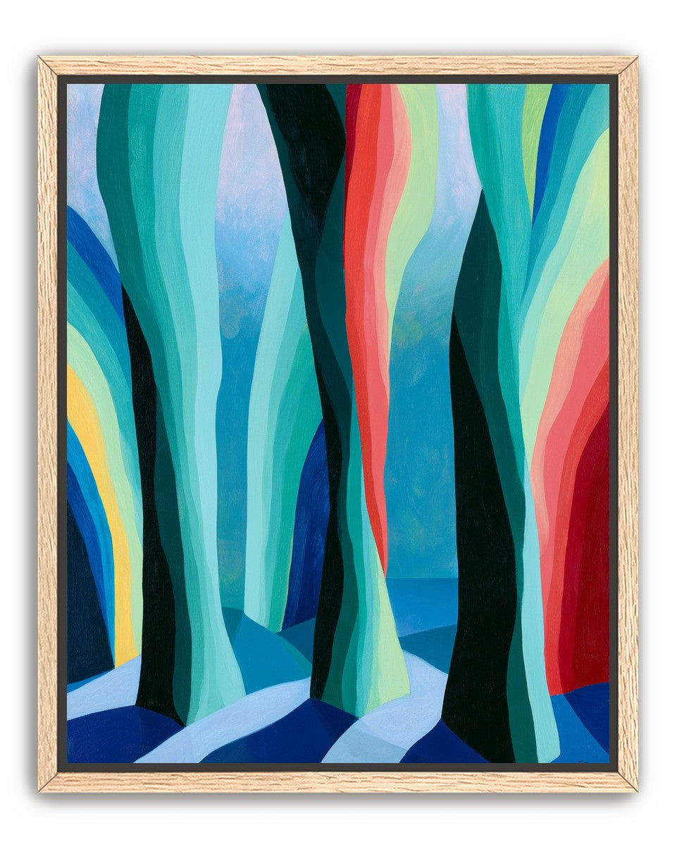 Between red trunks and blue shadows