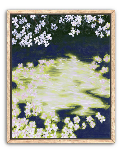 Petals crossing the bright water