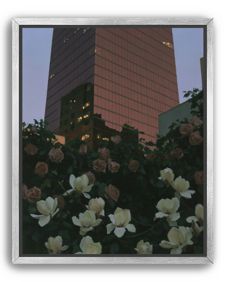 Pink tower above magnolias