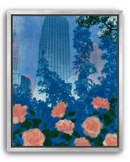 Pink roses below skyscrapers