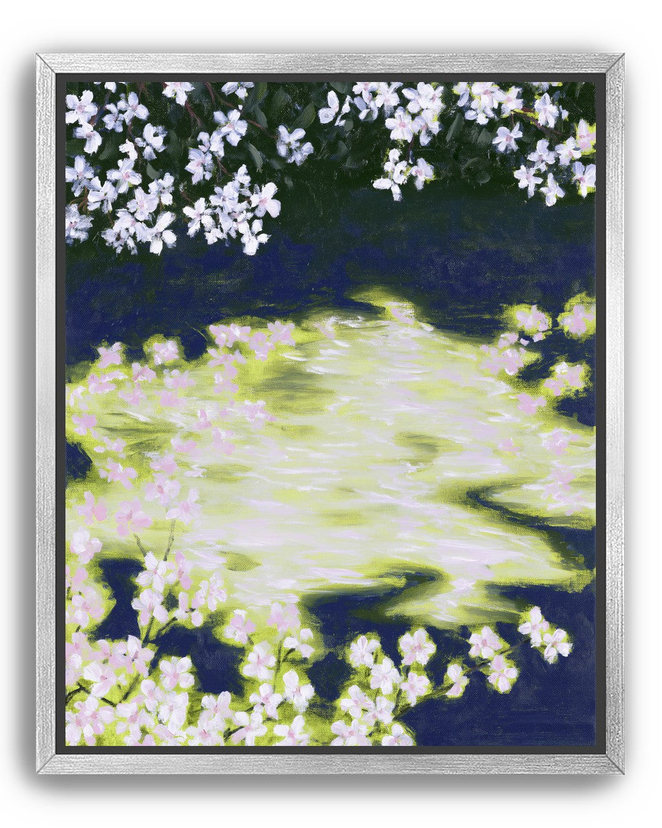 Petals crossing the bright water