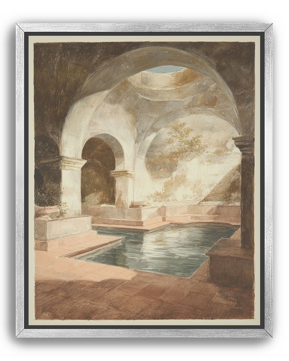 Courtyard pool beneath pale arches