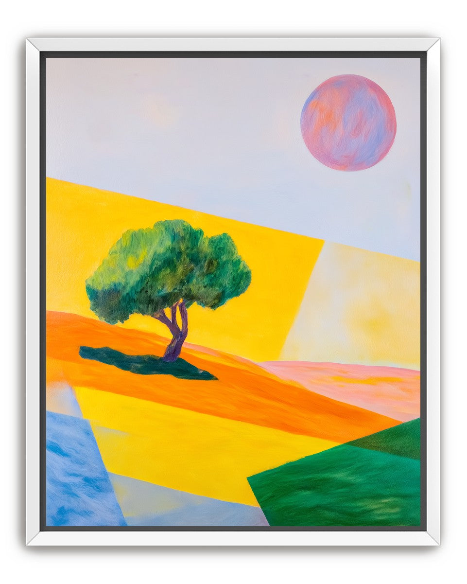 Pink sun over yellow hills