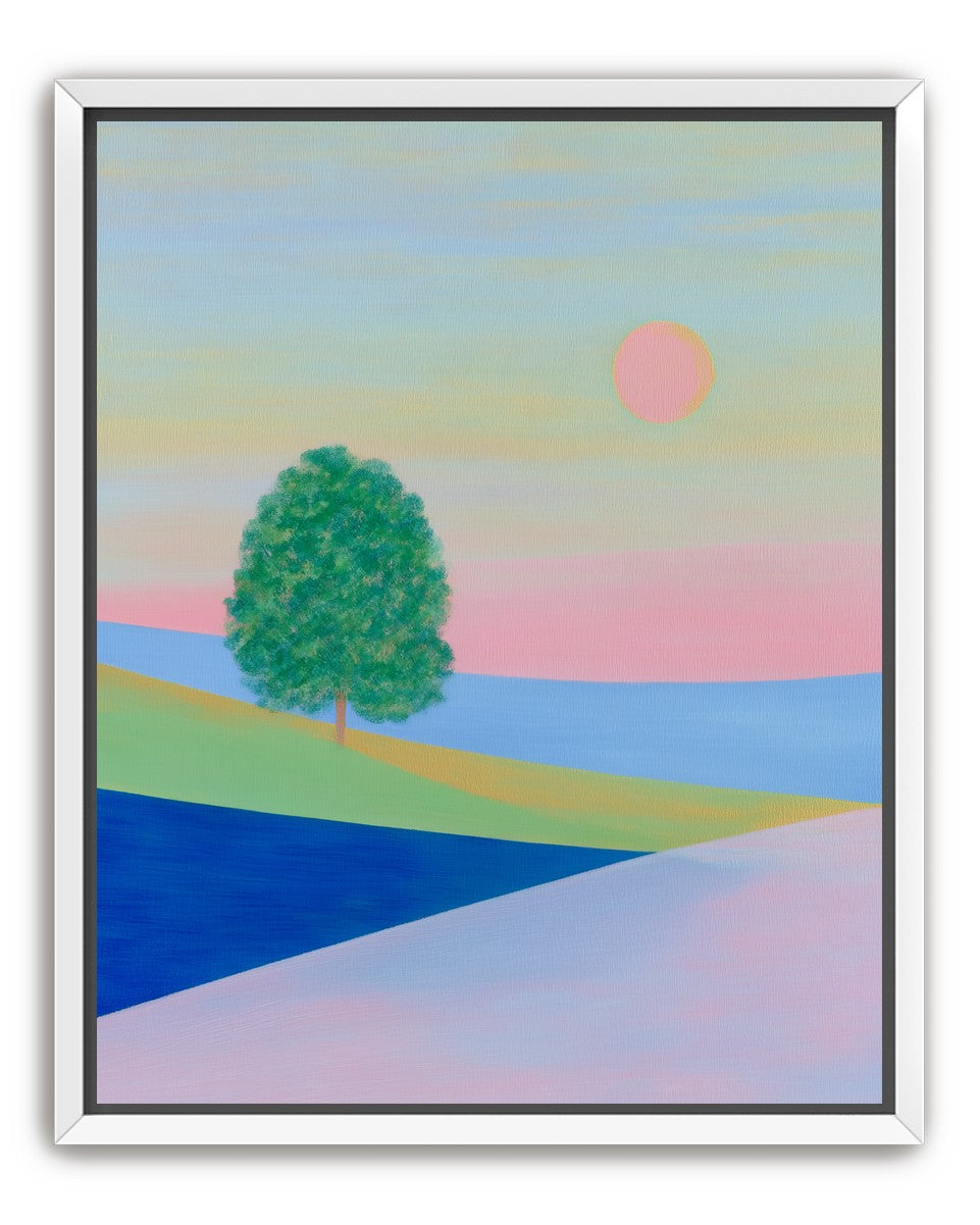 Pink sun over striped hills