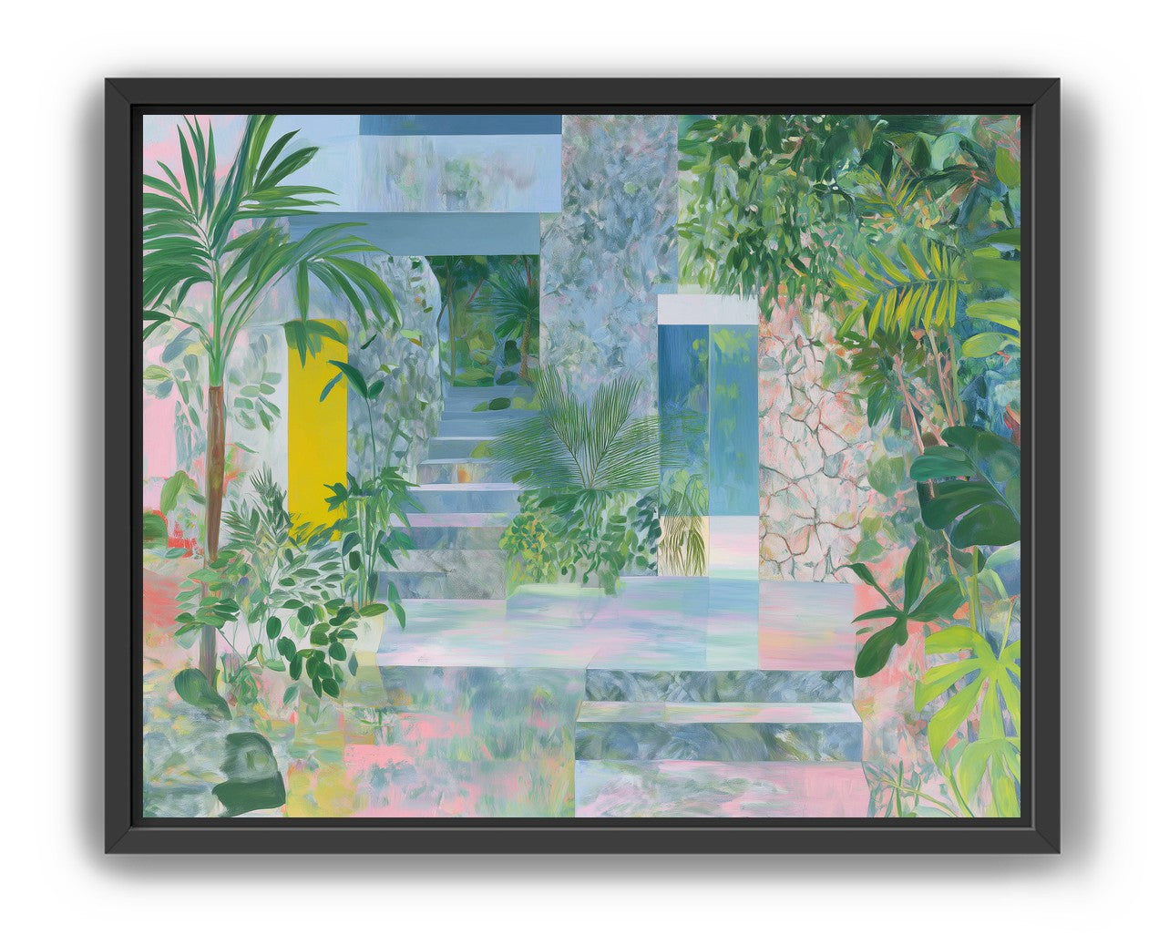 Pastel stairs between yellow and blue doors