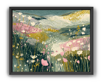 Teal sky over pink meadow