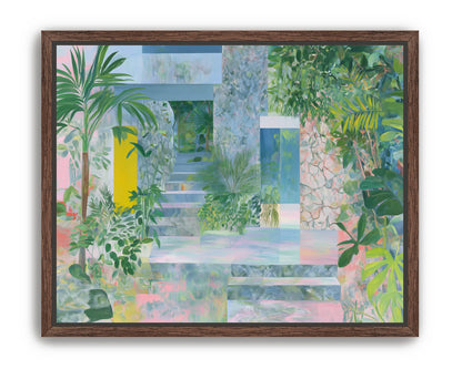 Pastel stairs between yellow and blue doors