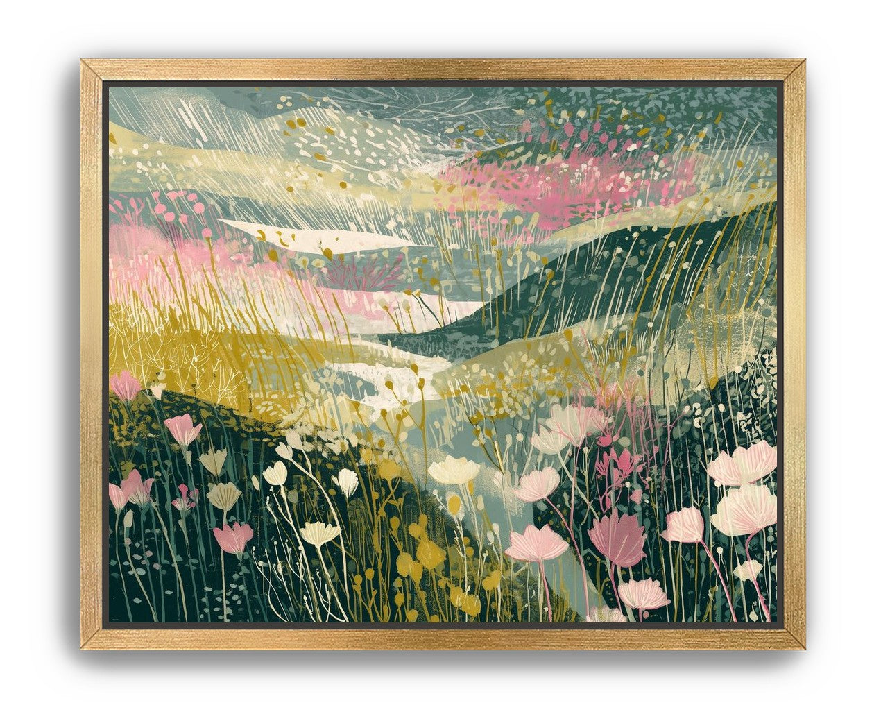 Wildflowers across layered hills