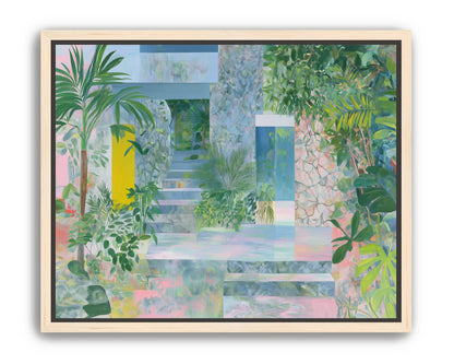 Pastel stairs between yellow and blue doors