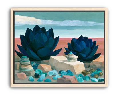 Deep blue blooms on coral ground