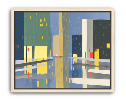 Yellow windows on wet blue street