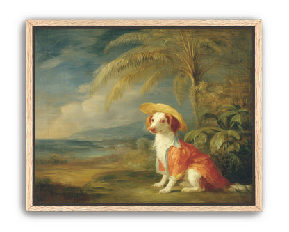 A hatted dog by the sea