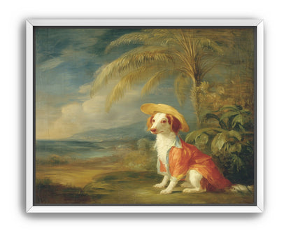 A hatted dog by the sea