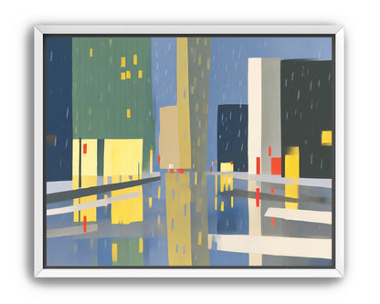 Yellow windows on wet blue street