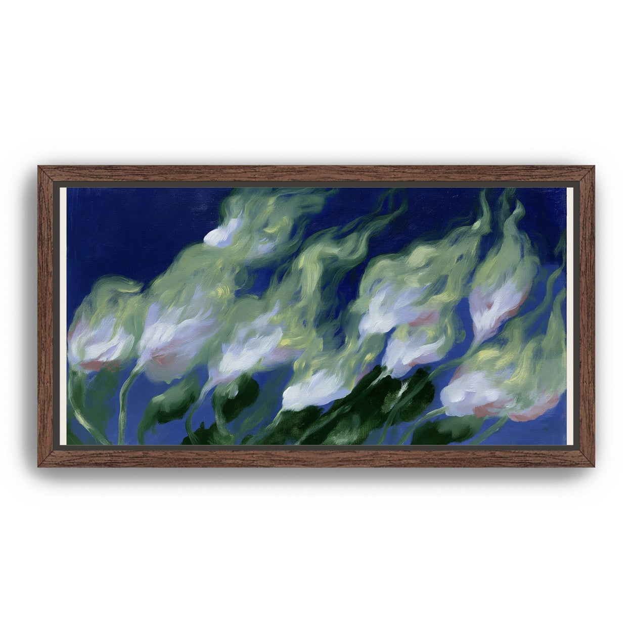 Pale flowers across blue field