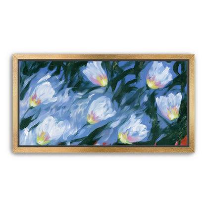 White tulips on blue ground