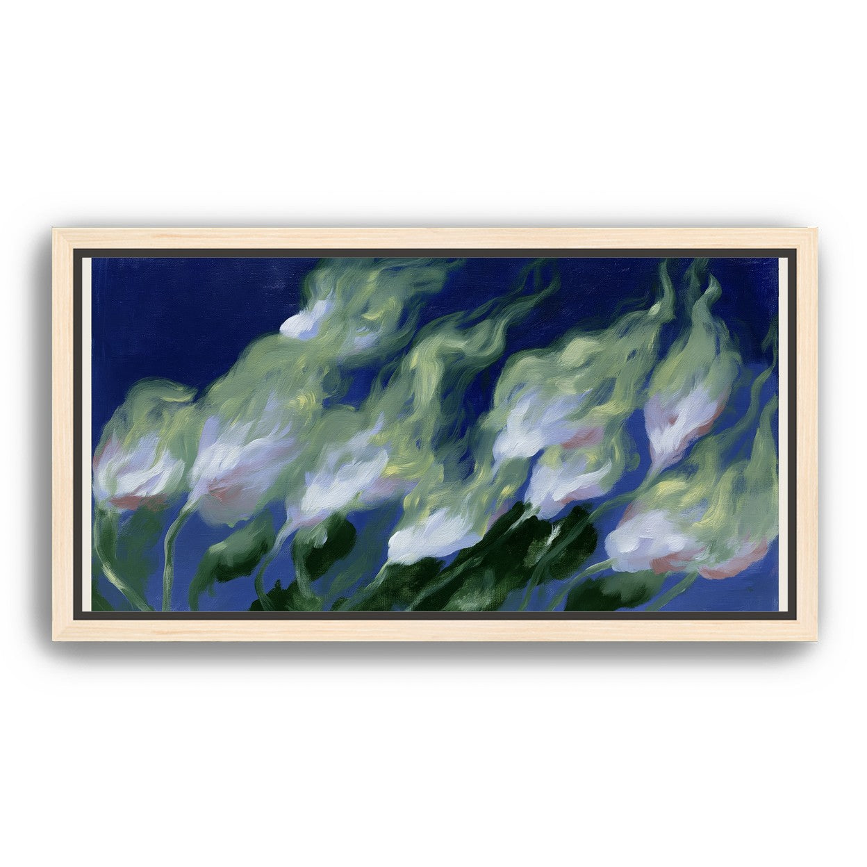 Pale flowers across blue field