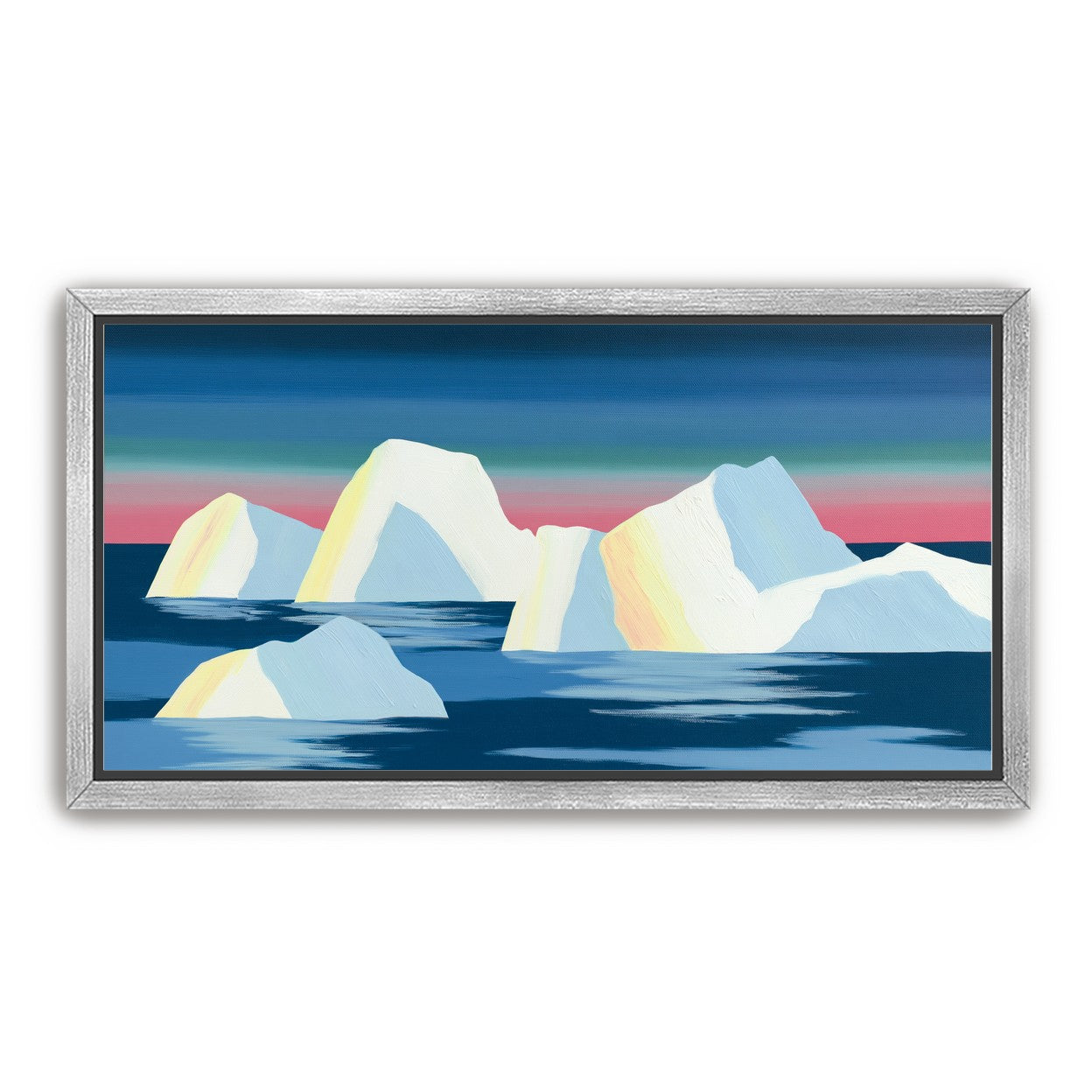 Icebergs under a pink banded sky