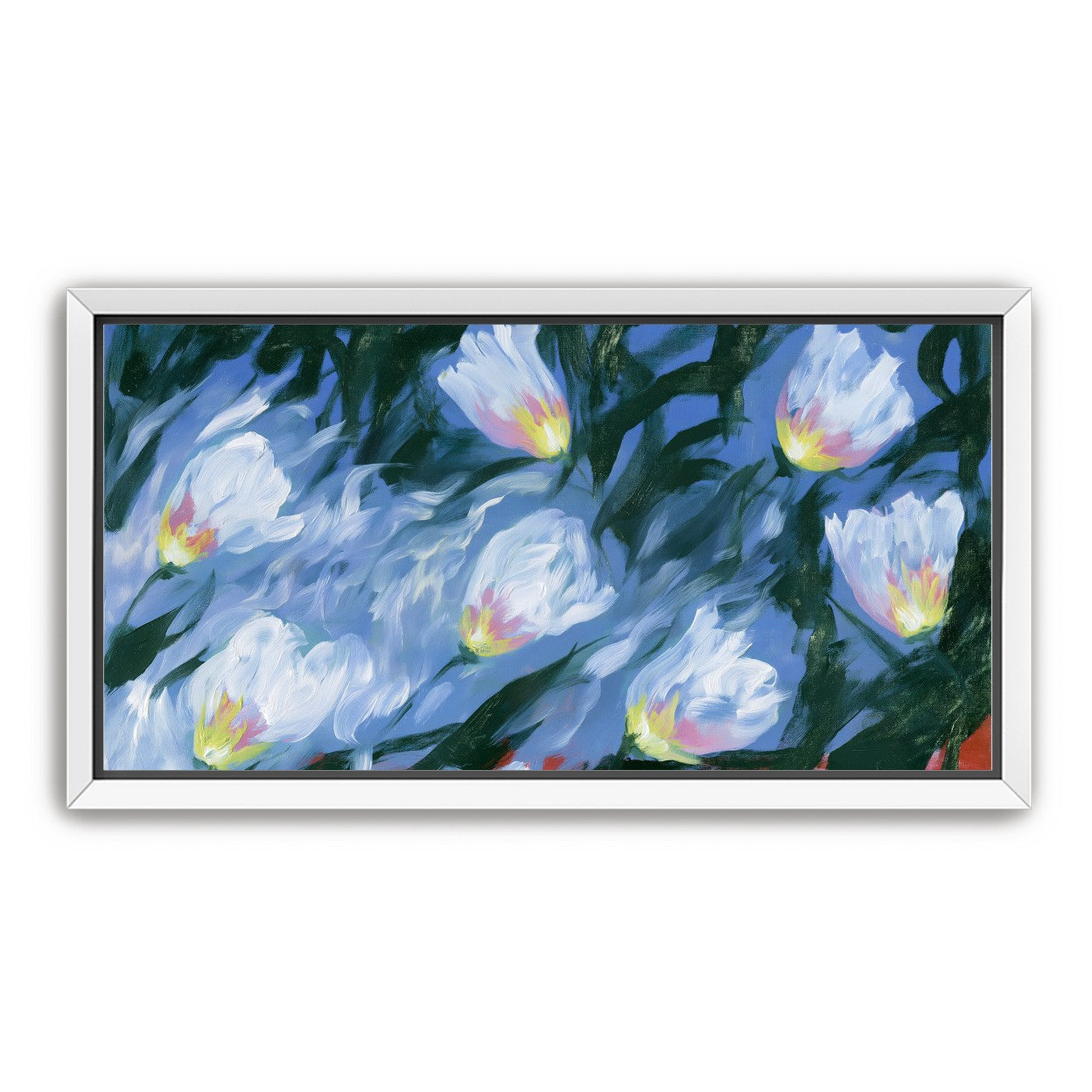 White tulips on blue ground