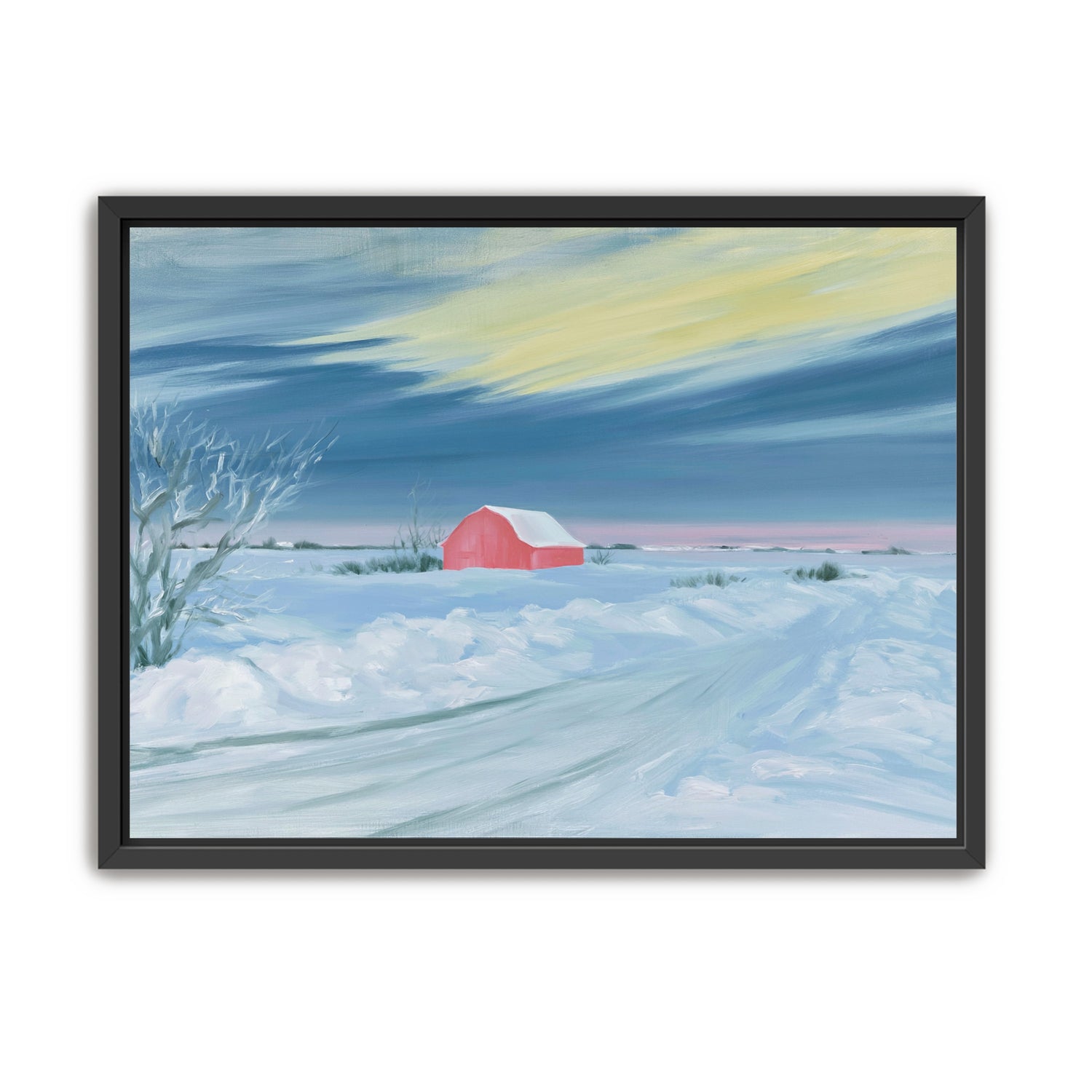 Red barn beneath winter sky