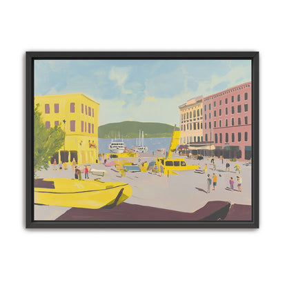Yellow boats among pastel buildings