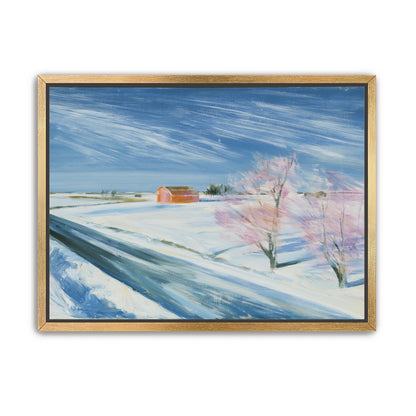 Orange barn beyond the road