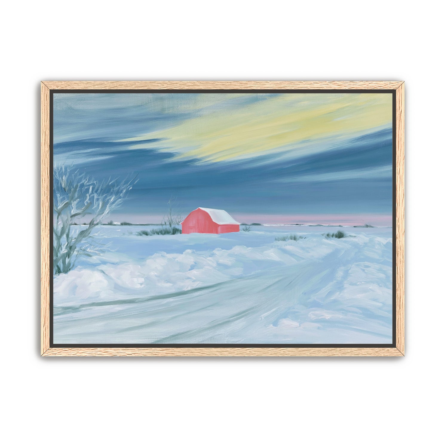 Red barn beneath winter sky