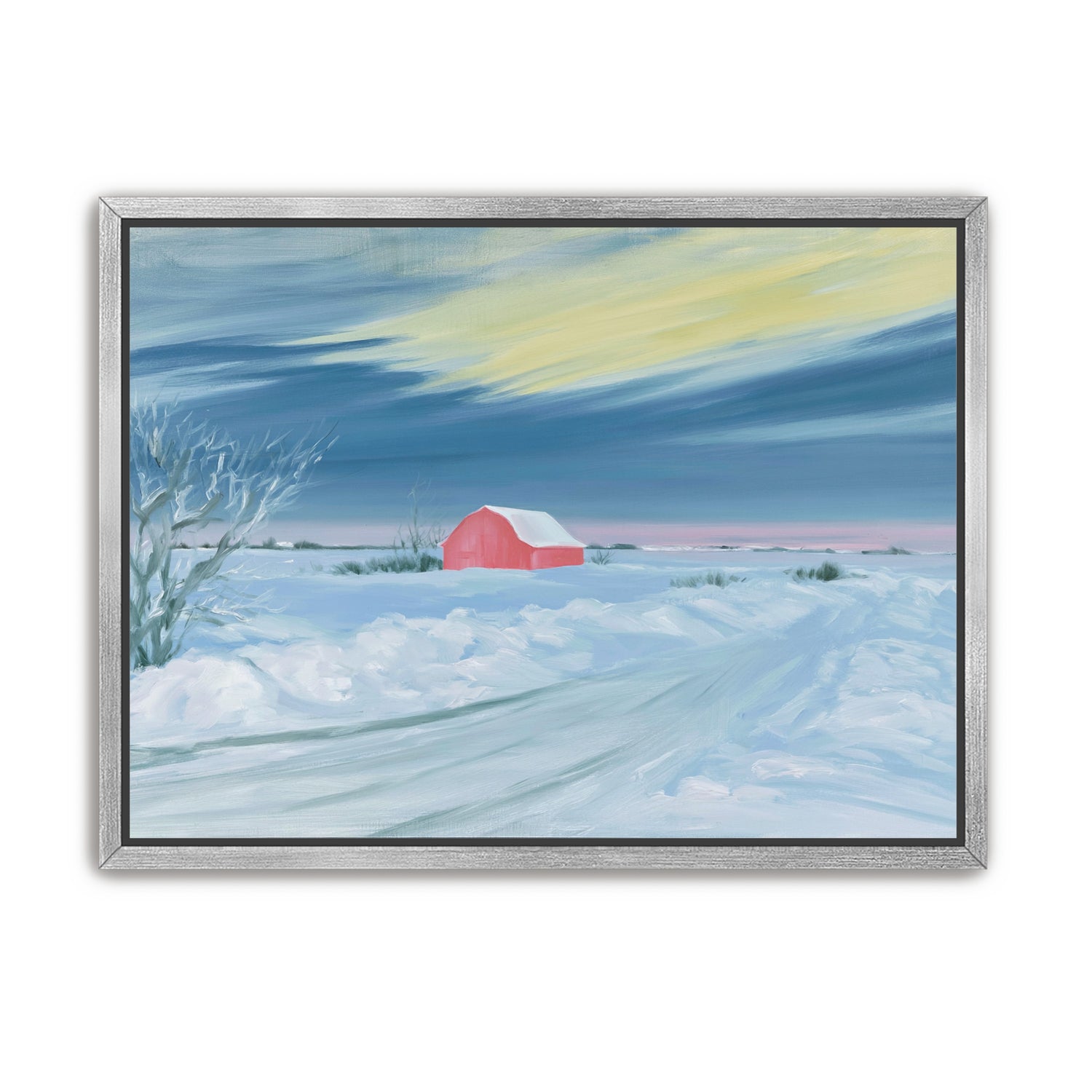 Red barn beneath winter sky