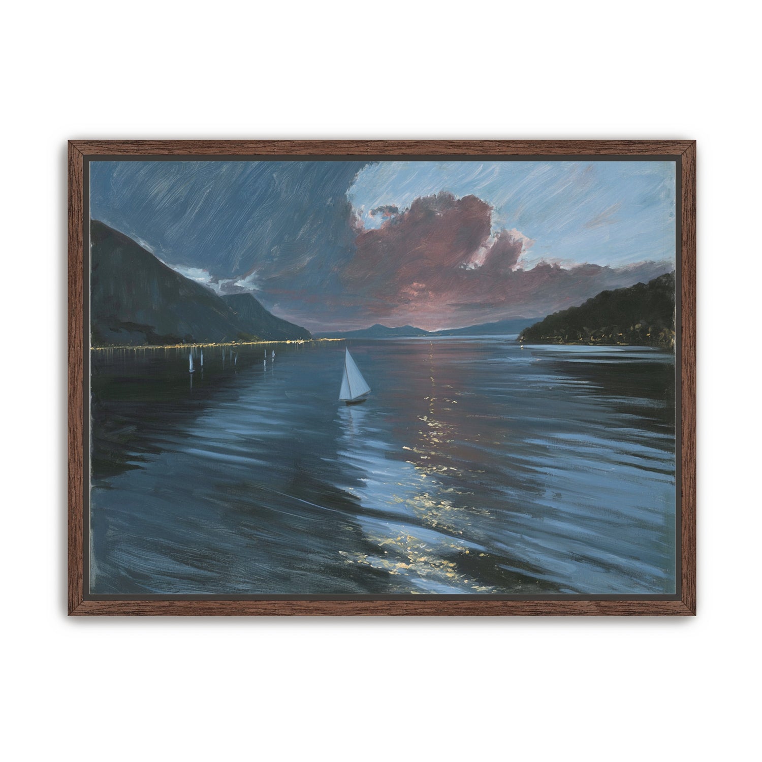 A sailboat beneath storm clouds