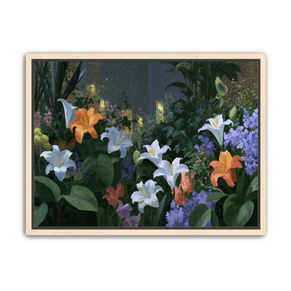 Lit windows beyond the lilies