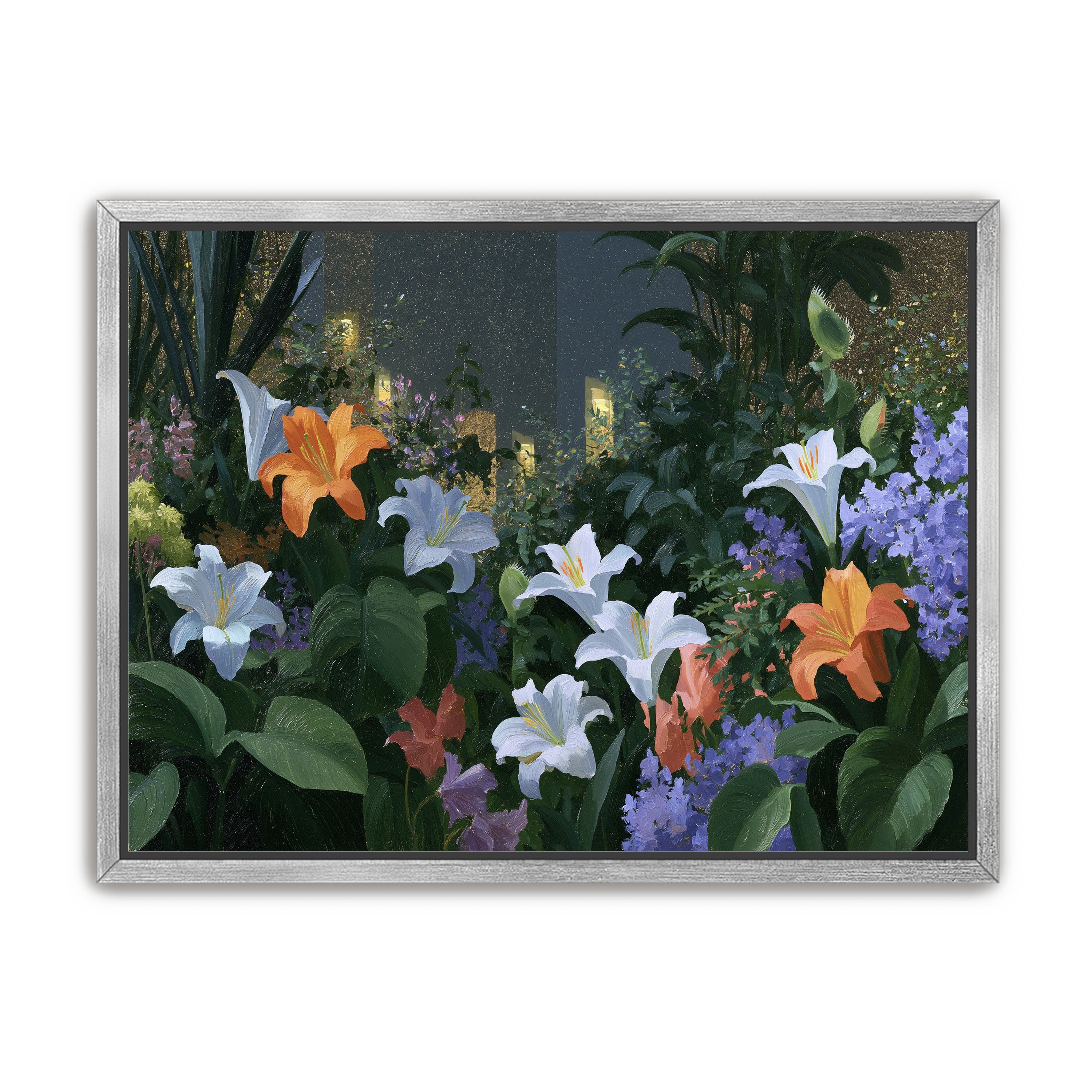 Lit windows beyond the lilies