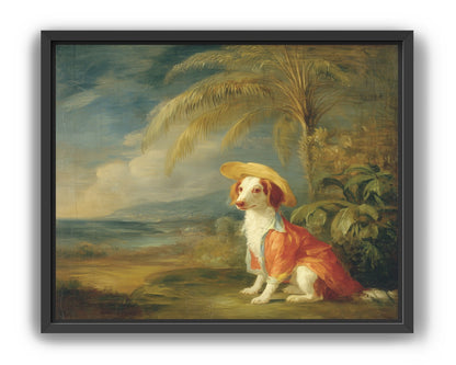 A hatted dog by the sea