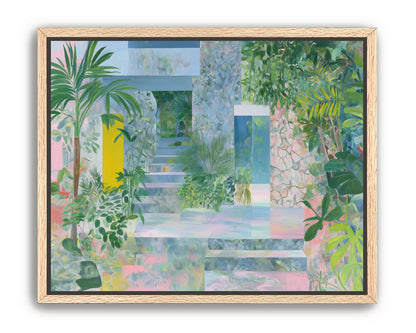 Pastel stairs between yellow and blue doors