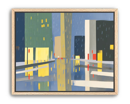 Yellow windows on wet blue street