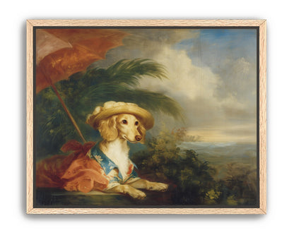 Red parasol over seaside dog