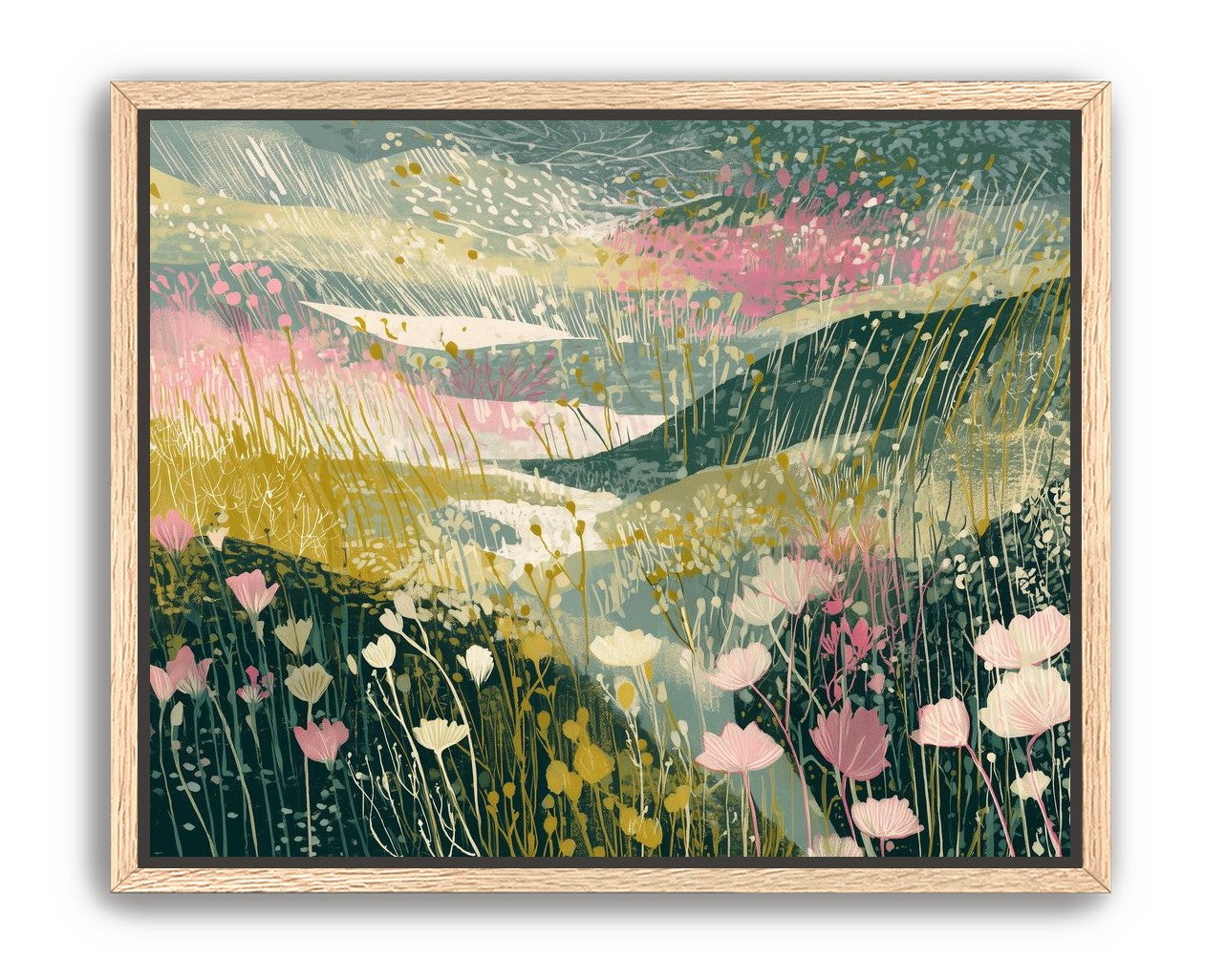 Wildflowers across layered hills