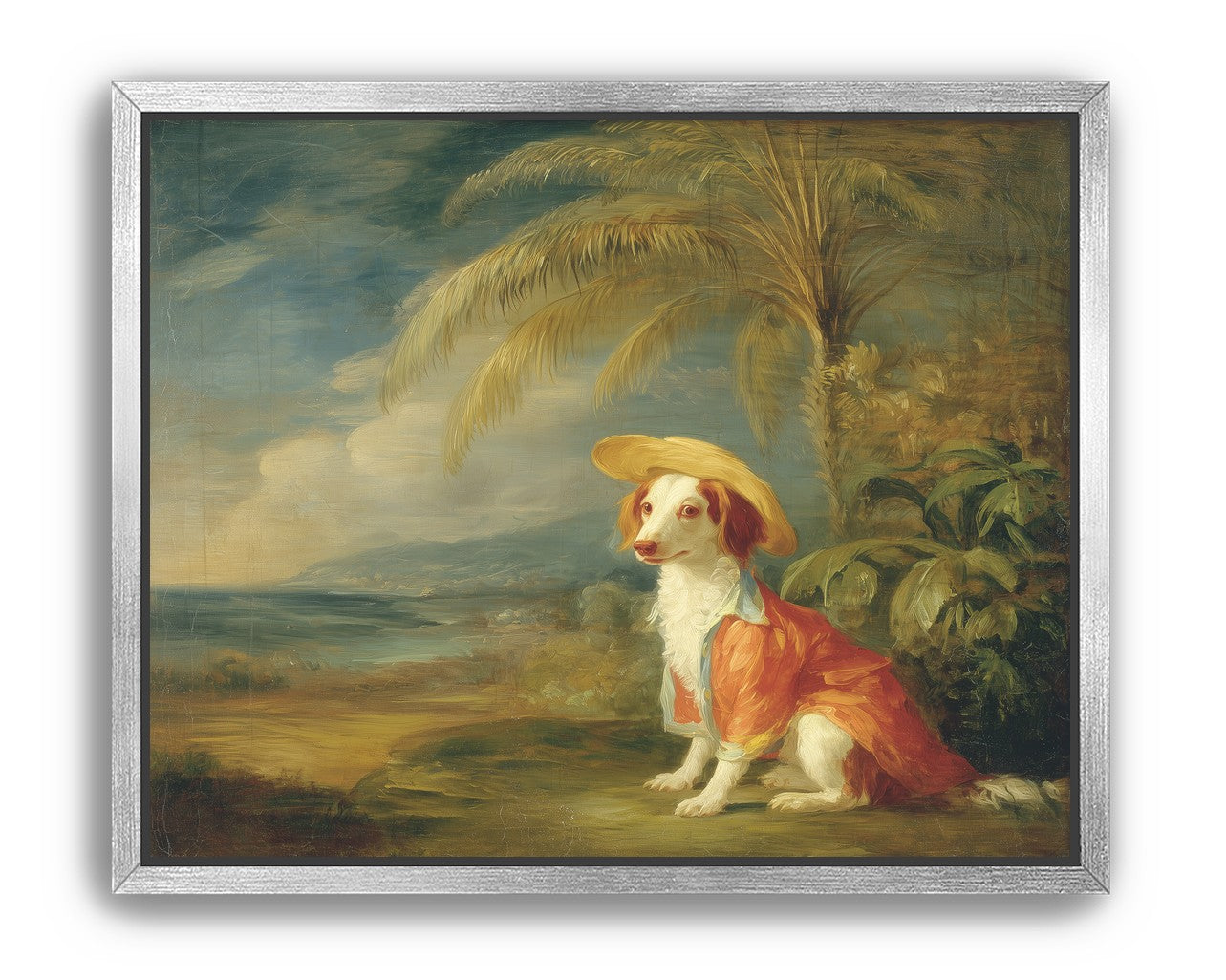 A hatted dog by the sea